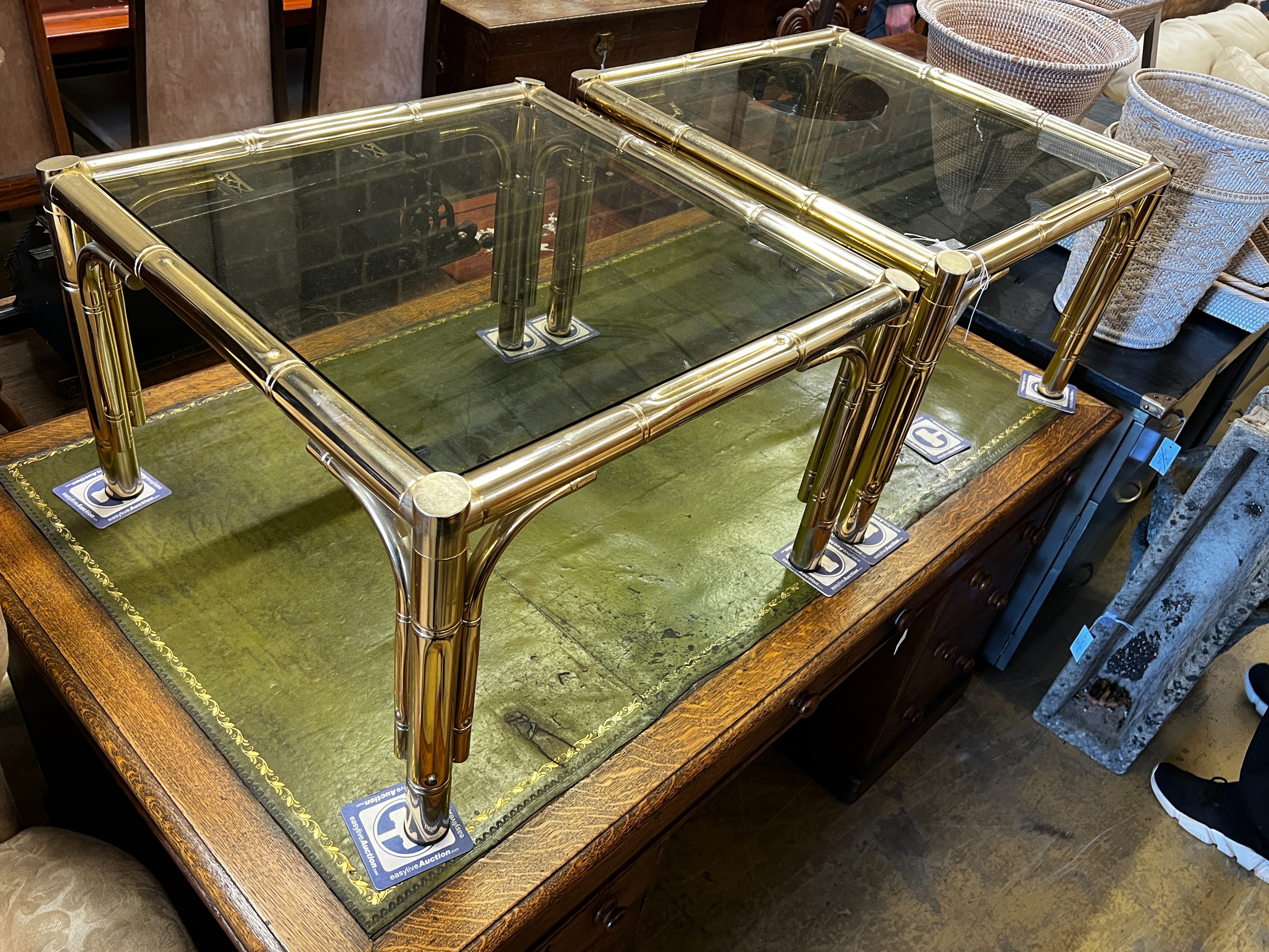 A pair of square gilt metal faux bamboo glass top occasional tables, width 63cm, height 41cm